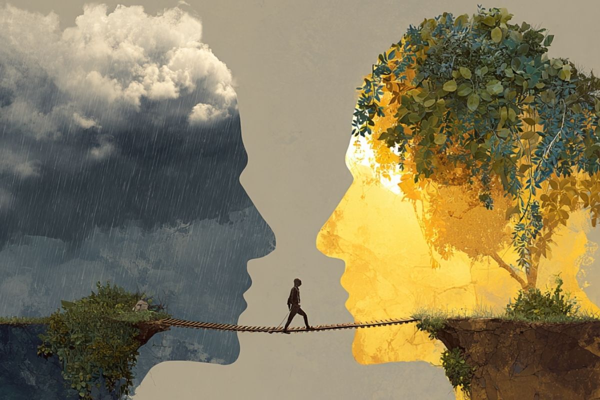 Illustration representing cognitive behavioral therapy and the process of changing negative thoughts into healthier ones through CBT