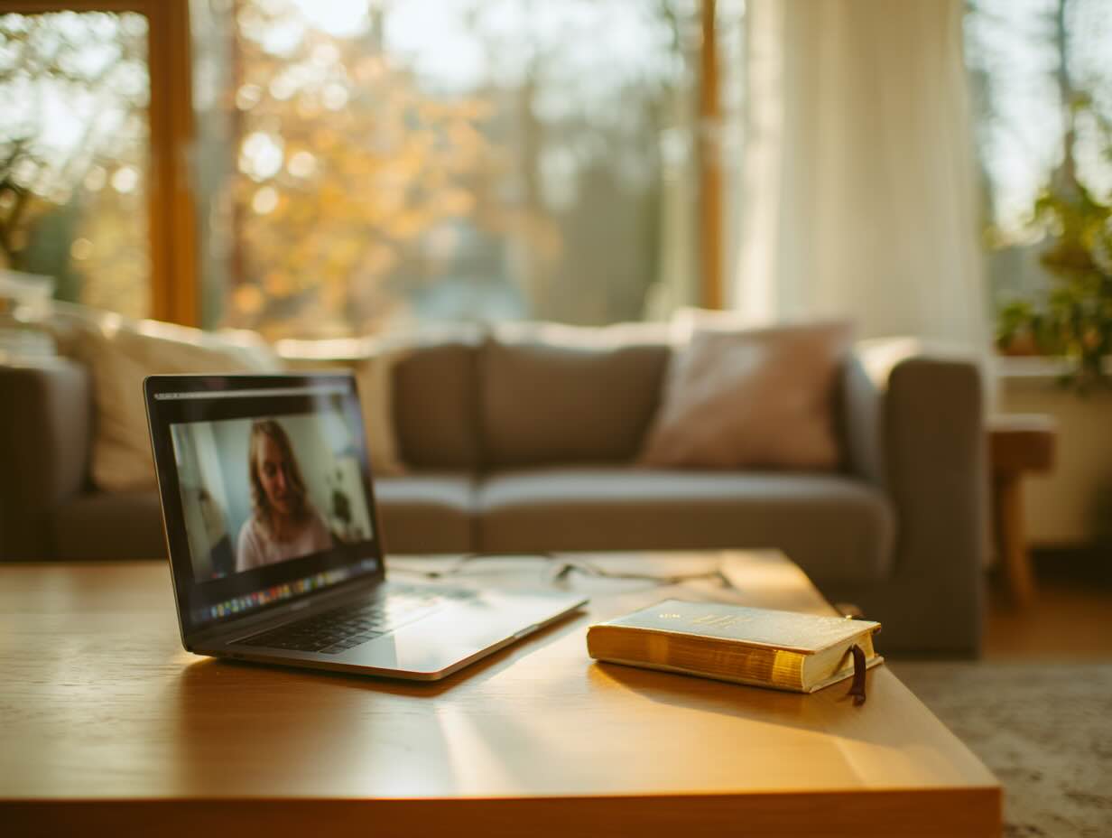 Is Online Christian Therapy Effective? A laptop with a christian therapist waiting for a client online