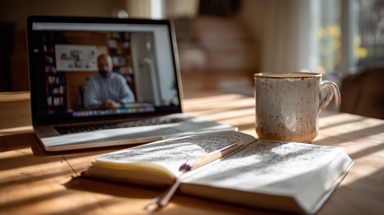 Online Christian Counseling that Accepts Insurance Laptop with a therapist on screen while the client writes in a notebook beside a coffee mug