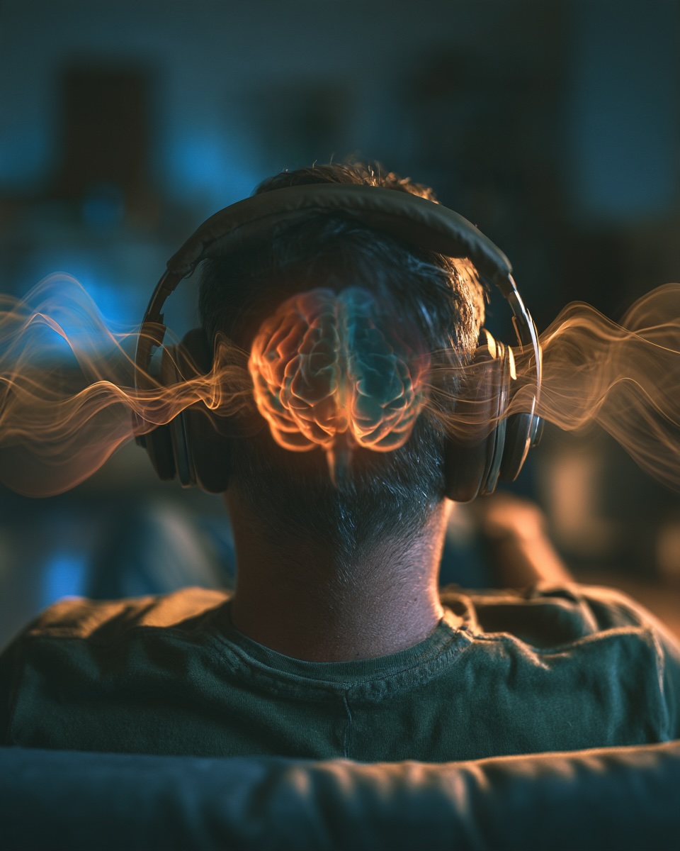 How Does the Safe and Sound Protocol Work? Person wearing headphones with sound waves and brain illustration showing how the Safe and Sound Protocol works.