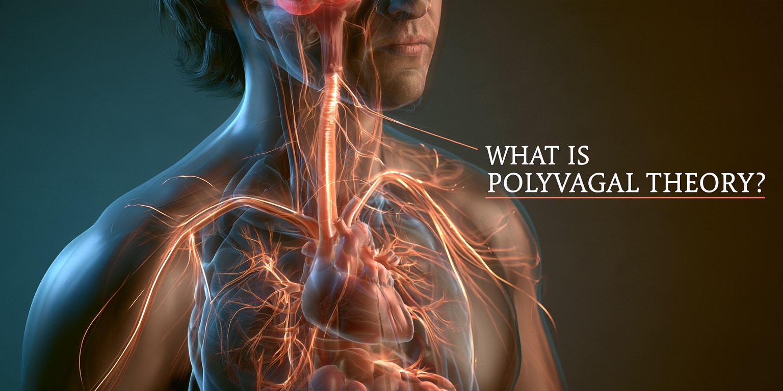 What Is Polyvagal Theory Illustration of the brain, vagus nerve and body explaining what Polyvagal Theory is.
