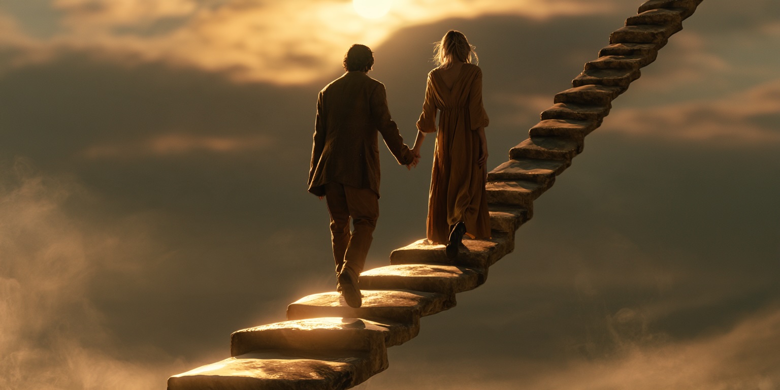 10 Steps to Rebuild Trust in a Relationship Couple walking together up ten steps toward sunlight, symbolizing the journey of rebuilding trust in a relationship.