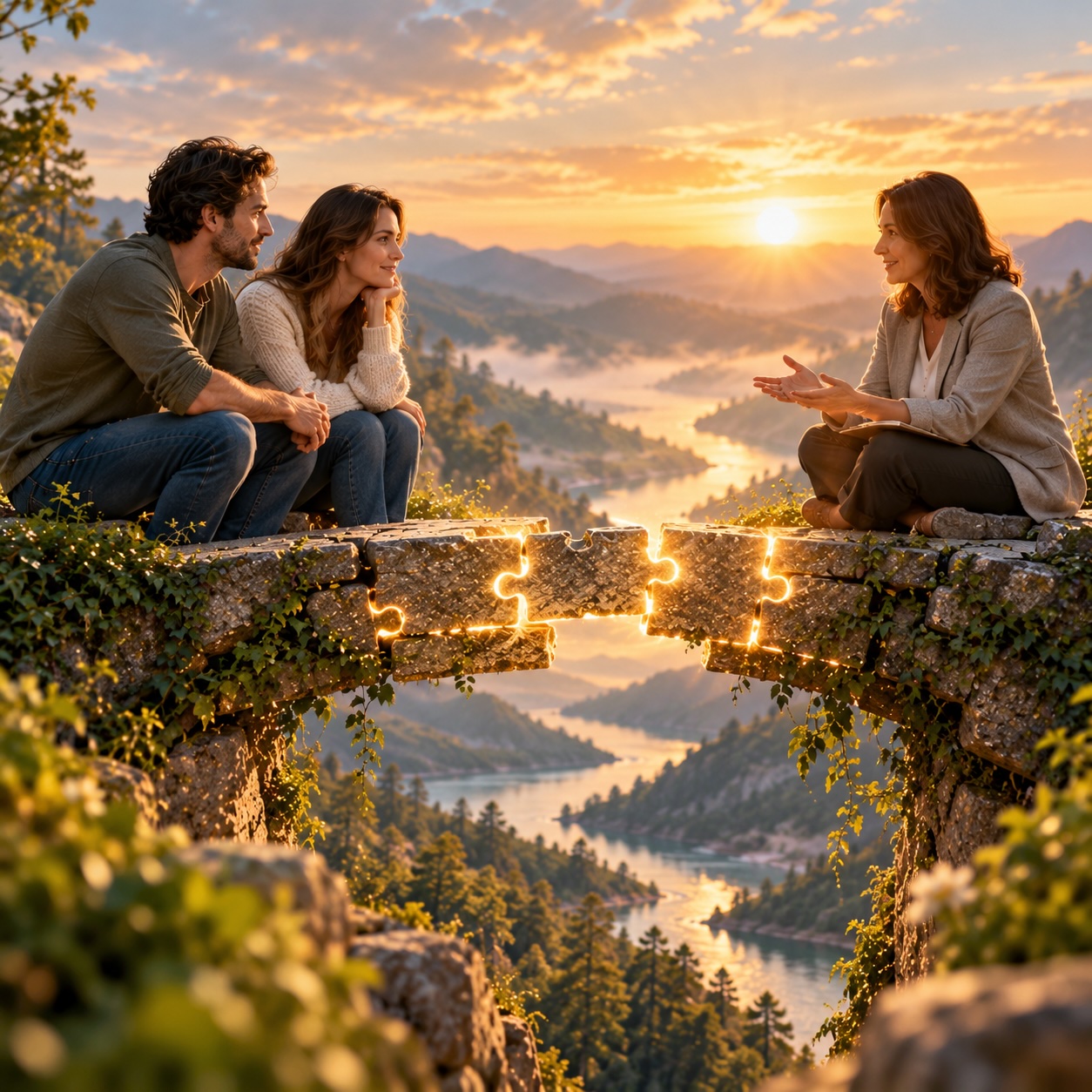 Couples therapist helping partners rebuild trust and reconnect, symbolized by a broken stone bridge being restored. Couples therapist helping partners rebuild trust and reconnect, symbolized by a broken stone bridge being restored.