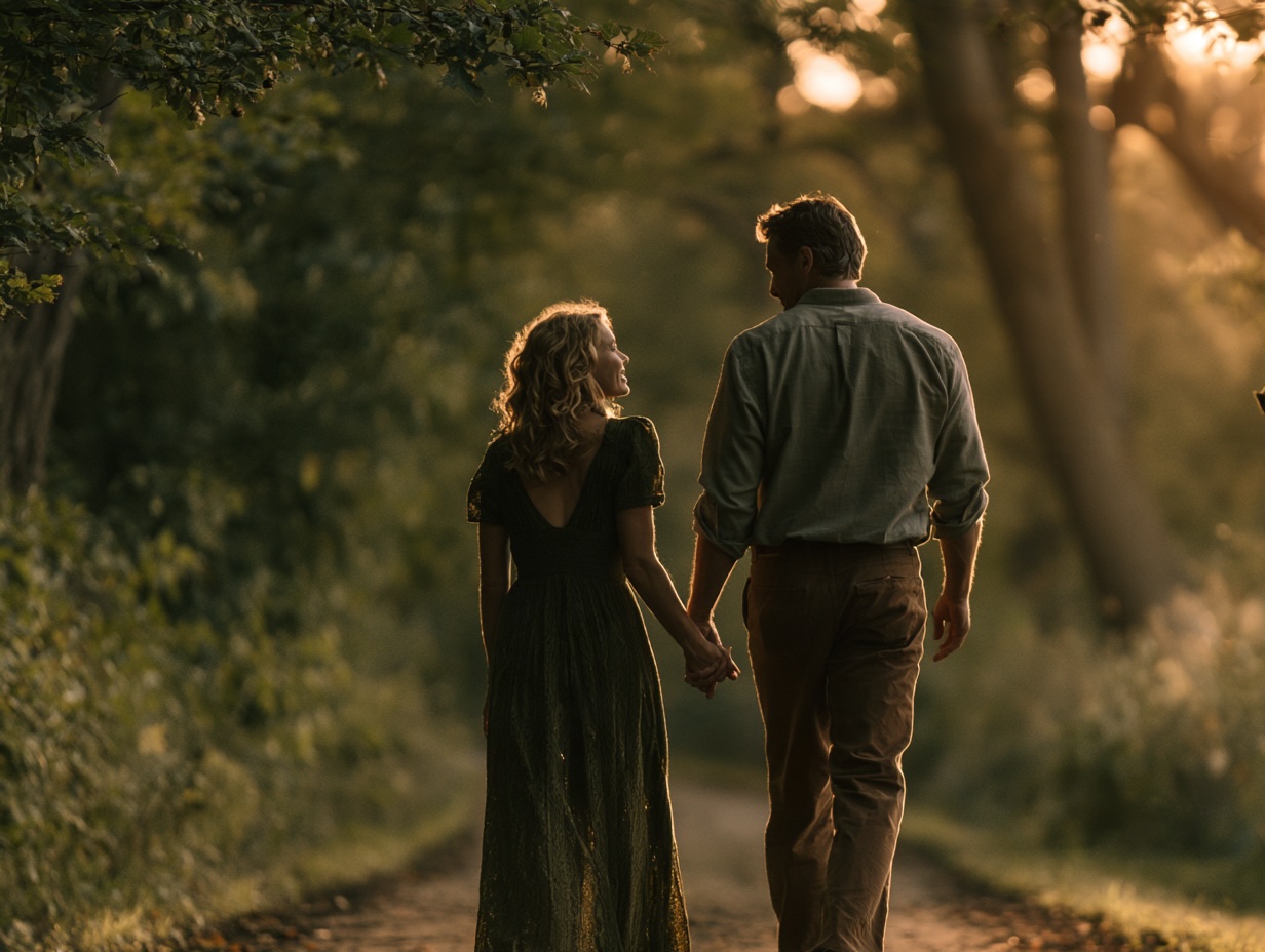 Couple walking hand in hand along a peaceful wooded path, symbolizing how to rebuild trust in a relationship.
