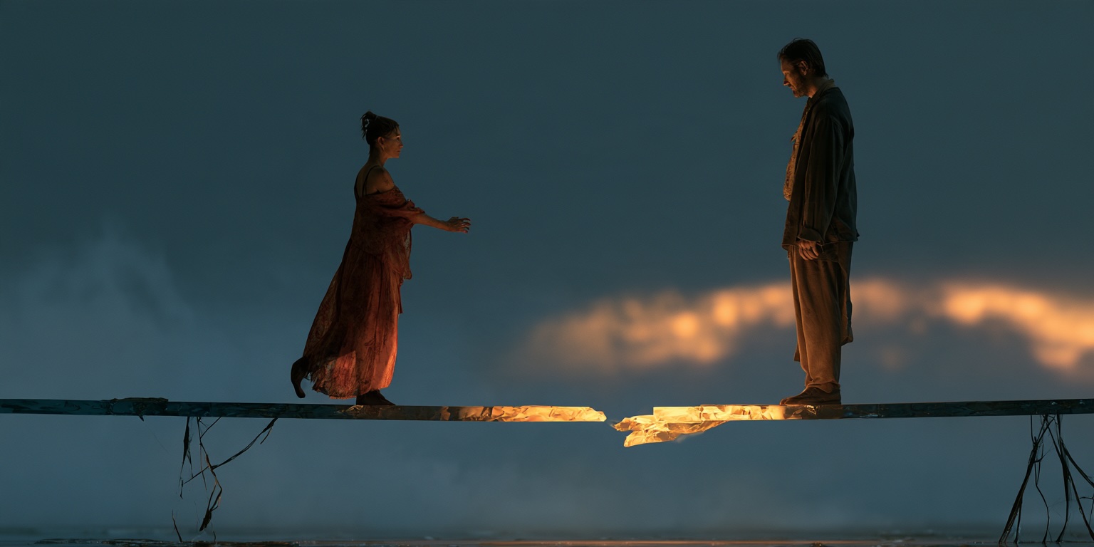 How to Trust Your Partner Again After Being Hurt Happy couple holding hands on a sunlit glass bridge, symbolizing how to trust your partner again after being hurt.